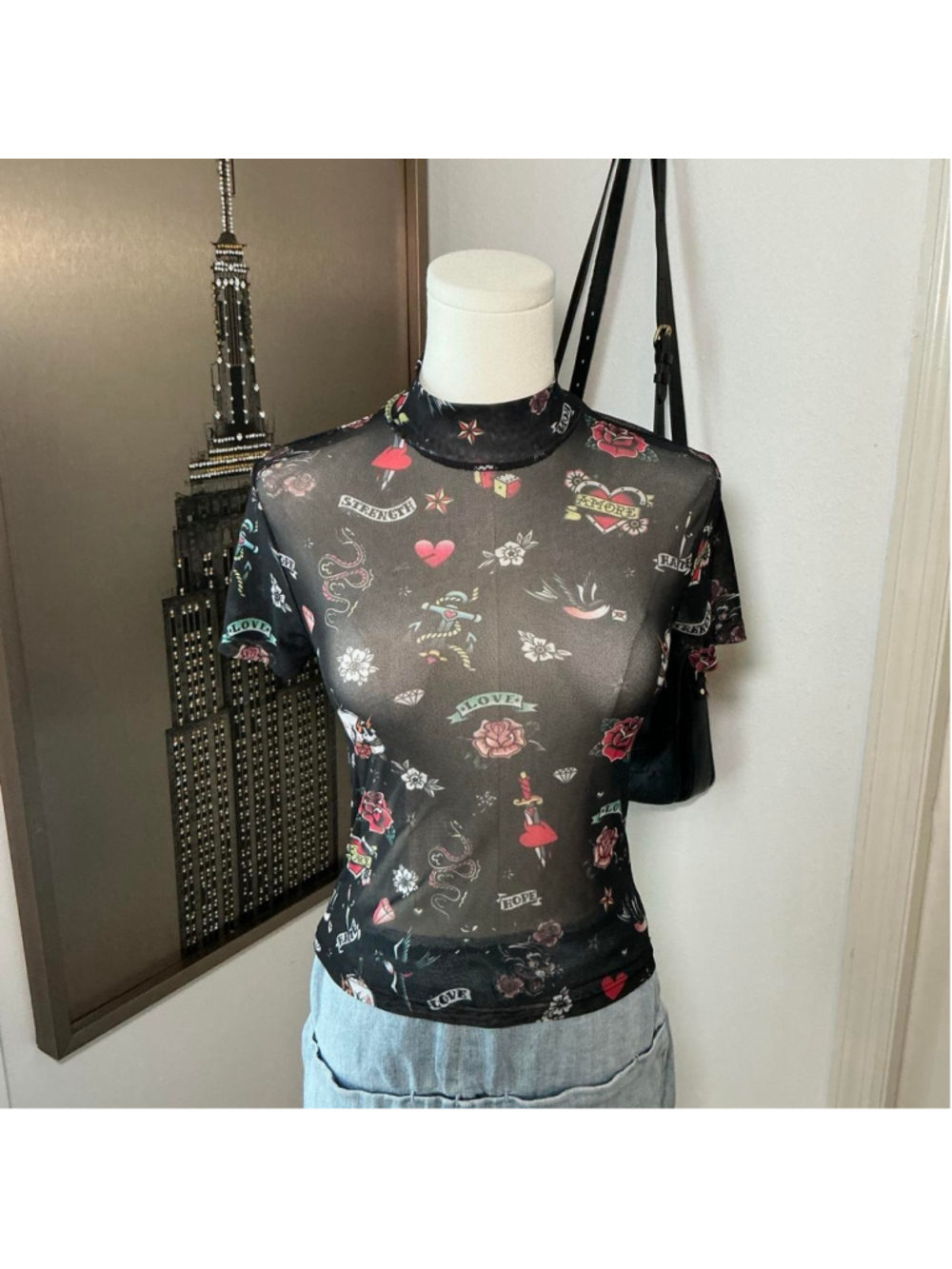 Sweet Lilac Tattoo Print Sheer Mesh Mock Neck Top XS Y2K